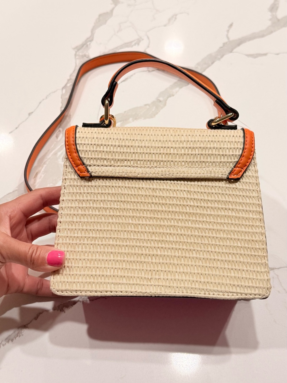 ALDO Floral Embroidered Straw Top Handle Crossbody Bag Pink Orange⁠ Strap - Picture 7 of 8